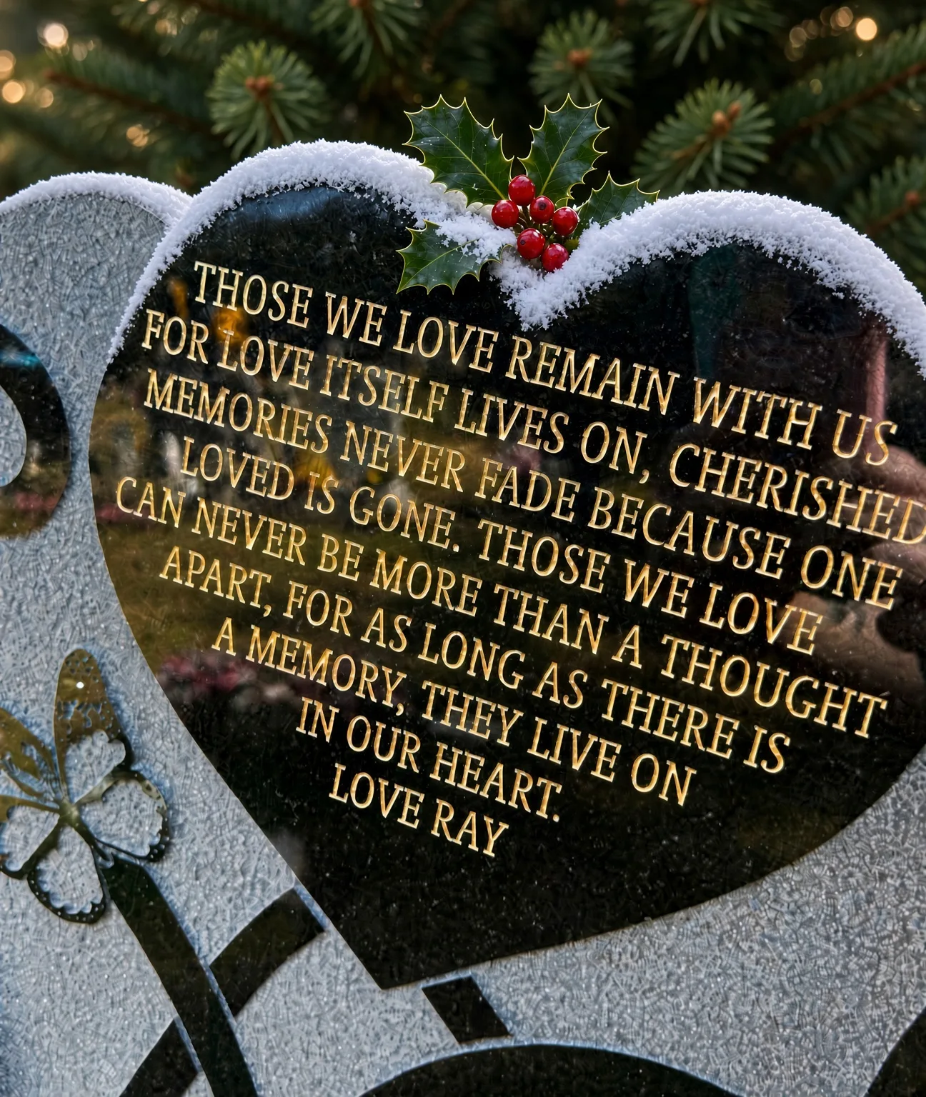A heart-shaped memorial with holly and snow at Christmas
